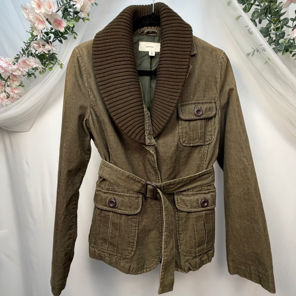 Merona Womens XS Olive Green Corduroy Utility Jacket Belted Knit Shawl Collar